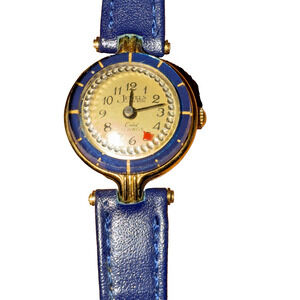 Vintage Orbit Women's Gold Navy Blue Watch 17 Jewels Manual Wind Leather Working